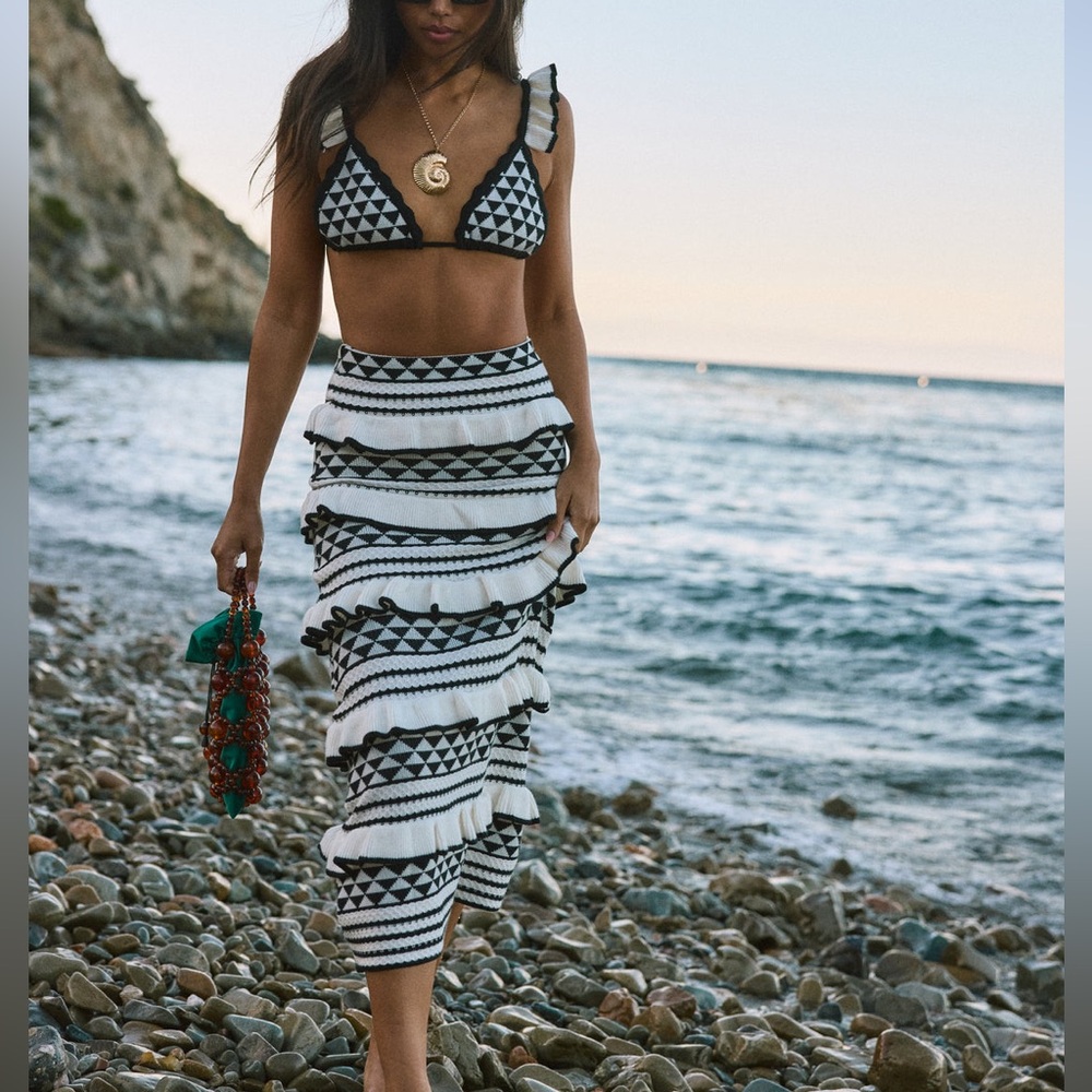 Black and White crochet ruffle skirt and top